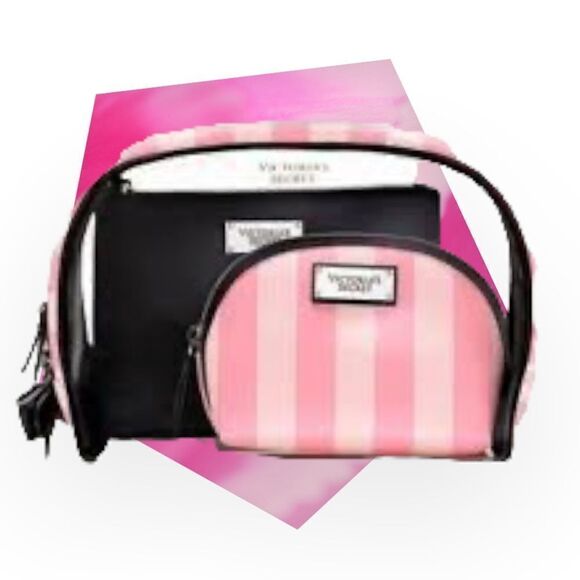 Victorias Secret Limited Edition 3 Pc Set Iconic Stripe Bow Cosmetic Bag - Picture 6 of 6